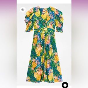 FARM Rio Star Fruit Puff Sleeve Midi Dress Sz M